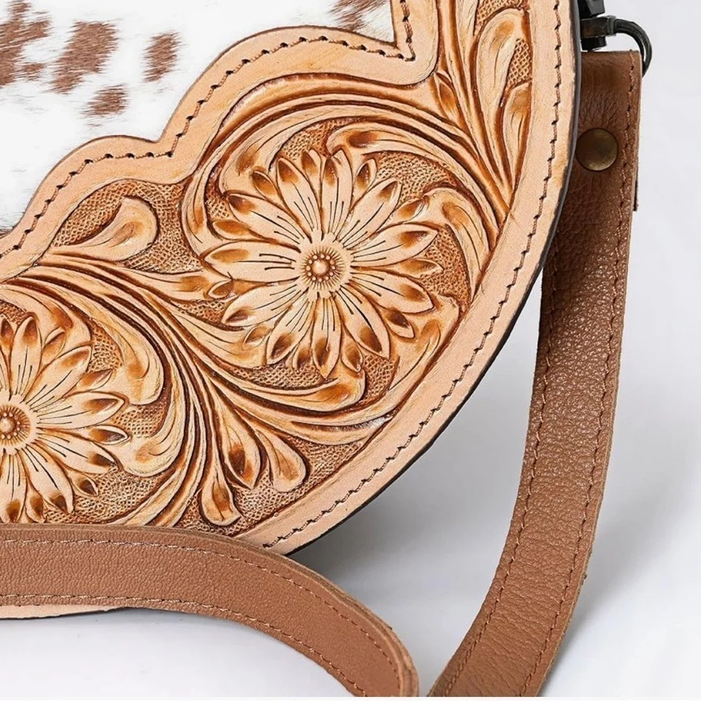 Cowgirl Western style authentic tooled leather crossbody bag with cow hyde